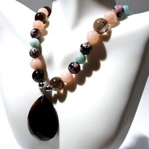 Faceted Teardrop Smokey Quartz Necklace Rhodonite Faux Pearls Silver